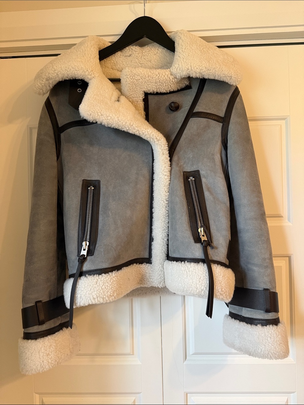 All Saints Gray Suede Jacket with Cream Shearling Trim